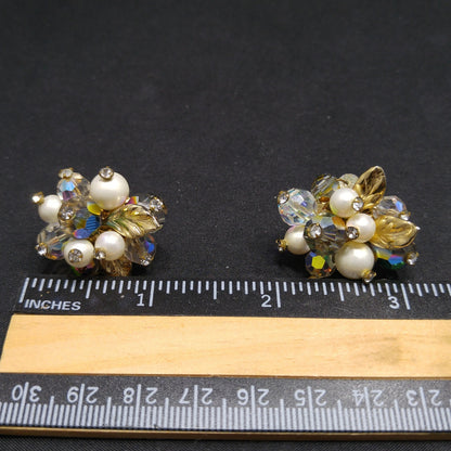 Vendome Floral Bead Crystal Clip Earrings, Faux Pearls, Vitrail Crystal, 1960s Vintage Jewelry