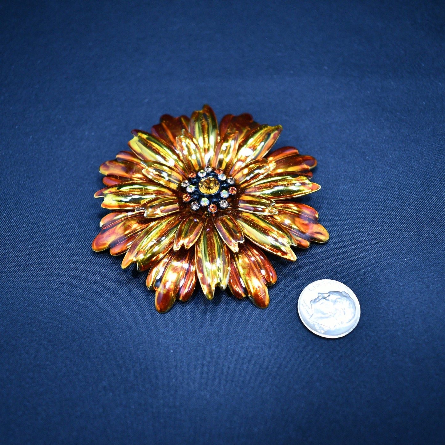 Joan Rivers Orange Gold Plated Floral Brooch, Rhinestone Center, 1990s