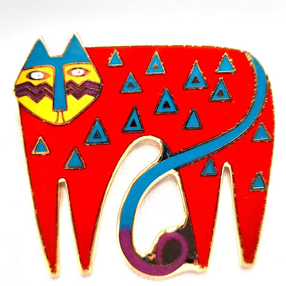Laurel Burch "Miyo" Red Cat Brooch, Cloisonne Enamel, Gold Plated, 1980s Vintage Jewelry