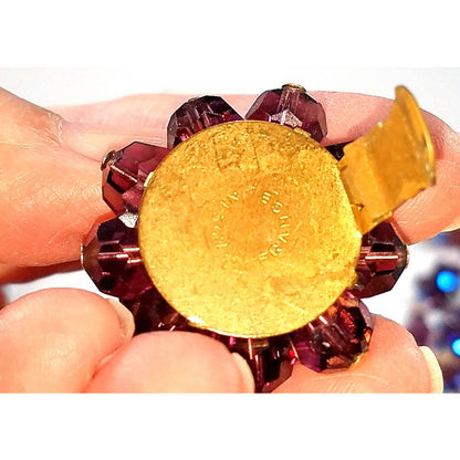Vintage French Purple Crystal Cluster Necklace Clip Earrings Set, Made in France,  1950s