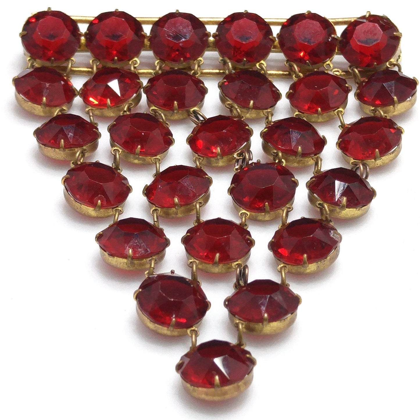 Garnet Red Crystal Rhinestone Hanging Brooch, Large Pointed Back Glass Stones, 1940s Vintage Jewelry