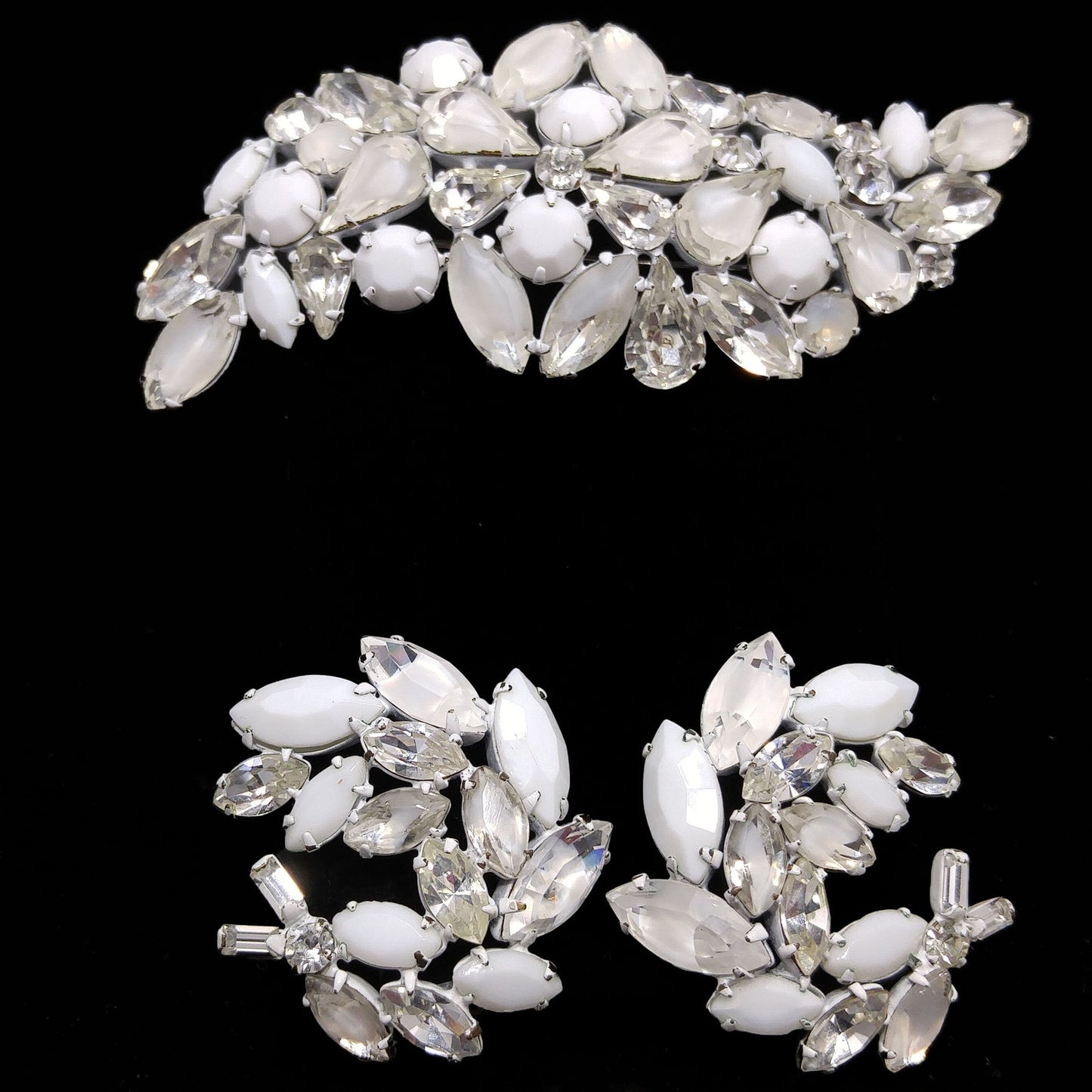 Regency Jewels White Enamel Brooch & Earrings Set, Milk Glass Clear Rhinestones