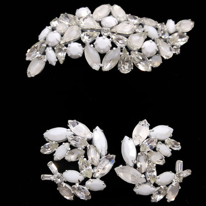 Regency Jewels White Enamel Brooch & Earrings Set, Milk Glass Clear Rhinestones