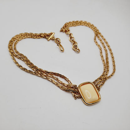 Vintage Monet Cream Cabochon Necklace Gold Plated 18 Inch Signed Pendant