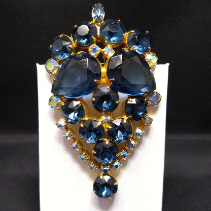 Large Blue Rhinestone Brooch & Pendant, Gold Plated, 1960s Vintage Jewelry