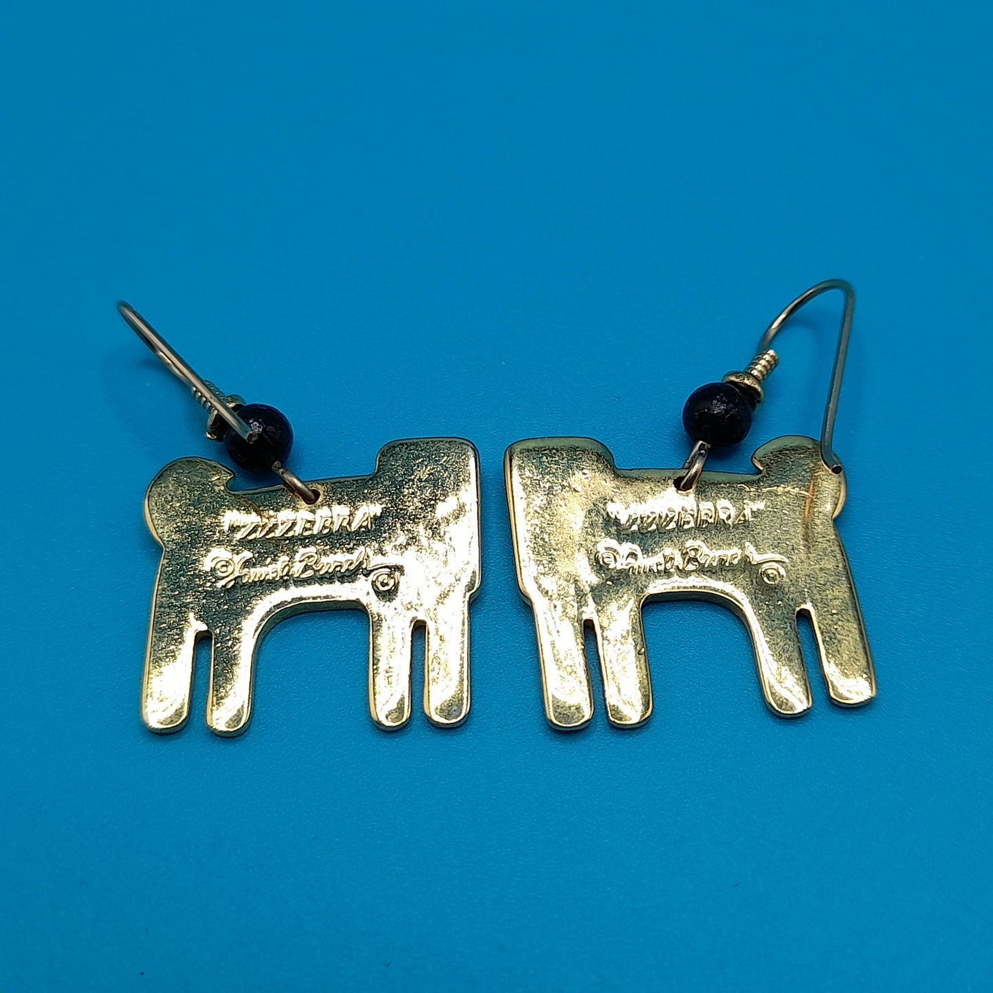 Laurel Burch "Zzzebra" Drop Earrings, Cloisonne Enamel, Gold Plated, 1980s