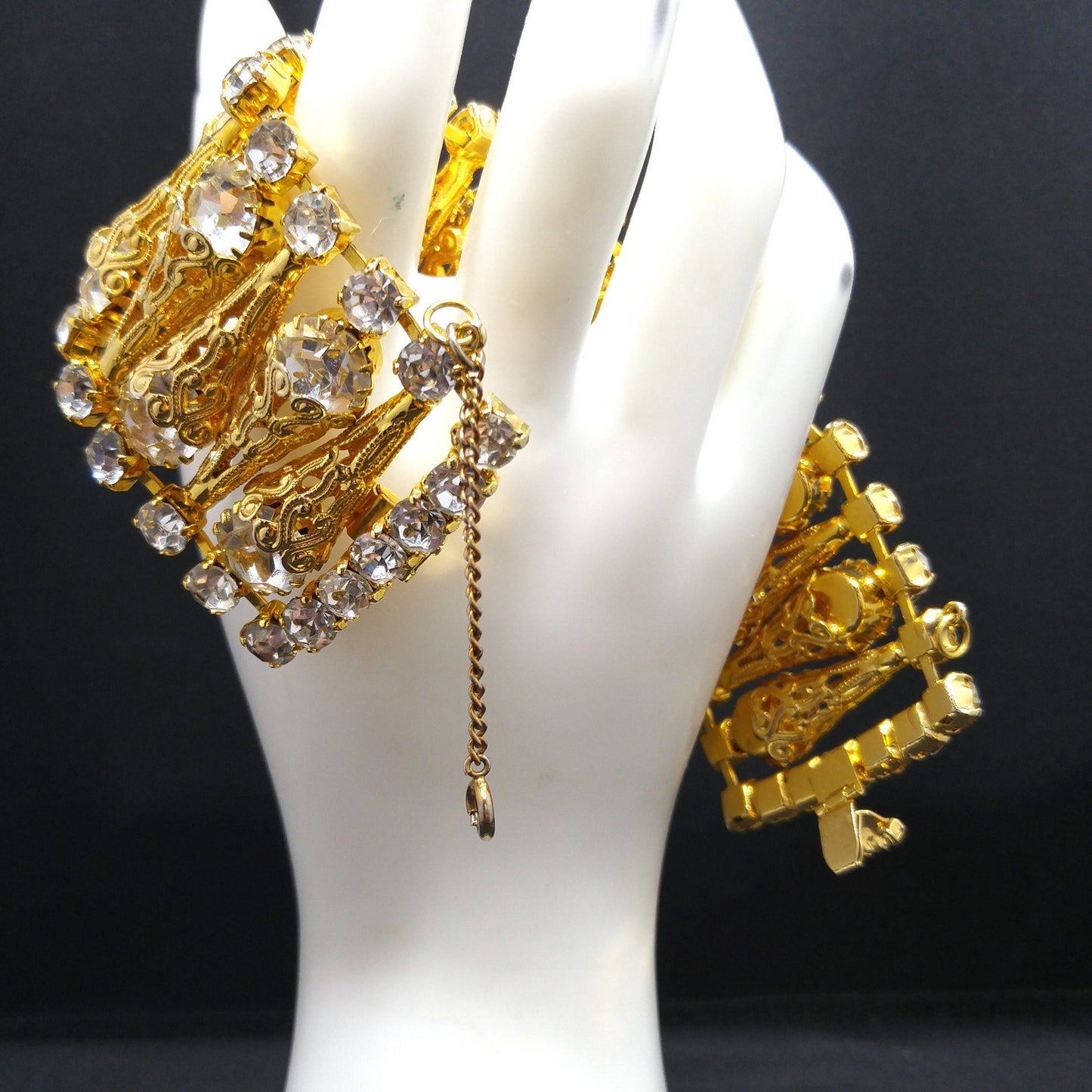 Vintage Clear Rhinestone Wide Filigree Bracelet Gold Tone Safety Chain 1950s