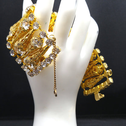 Vintage Clear Rhinestone Wide Filigree Bracelet Gold Tone Safety Chain 1950s