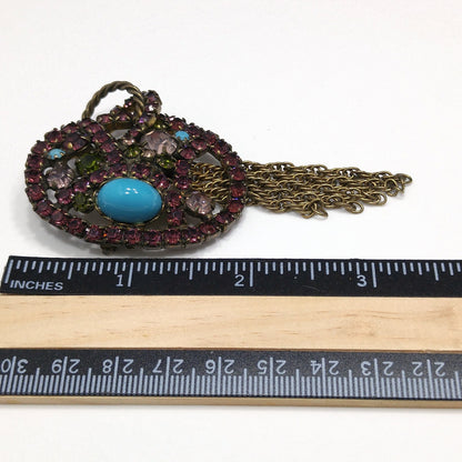 Vintage Purple Rhinestone Turquoise Cabochon Brooch, Antique Gold Tone Fringe Pin