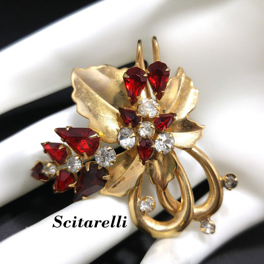 Vintage Scitarelli Red Rhinestone Floral Brooch Pendant 1950s Gold Plated Signed