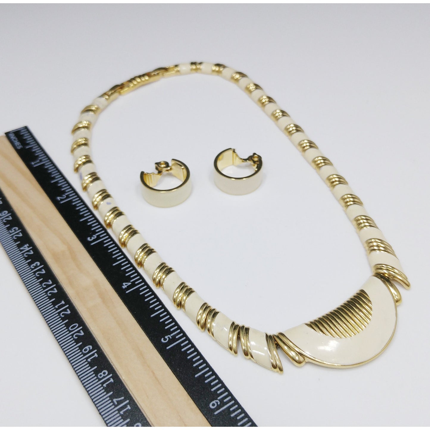 Monet Cream Enamel Gold Plated Necklace & Earrings, 1980s Vintage Jewelry