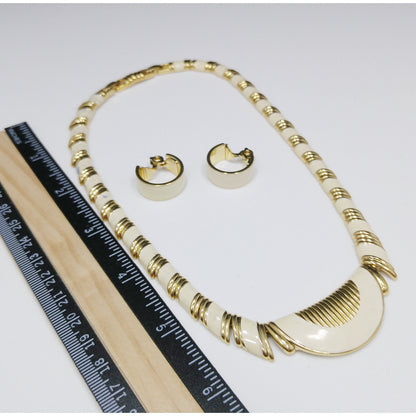 Monet Cream Enamel Gold Plated Necklace & Earrings, 1980s Vintage Jewelry
