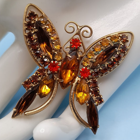 Vintage Butterfly Brooch Topaz Orange Gold Rhinestones