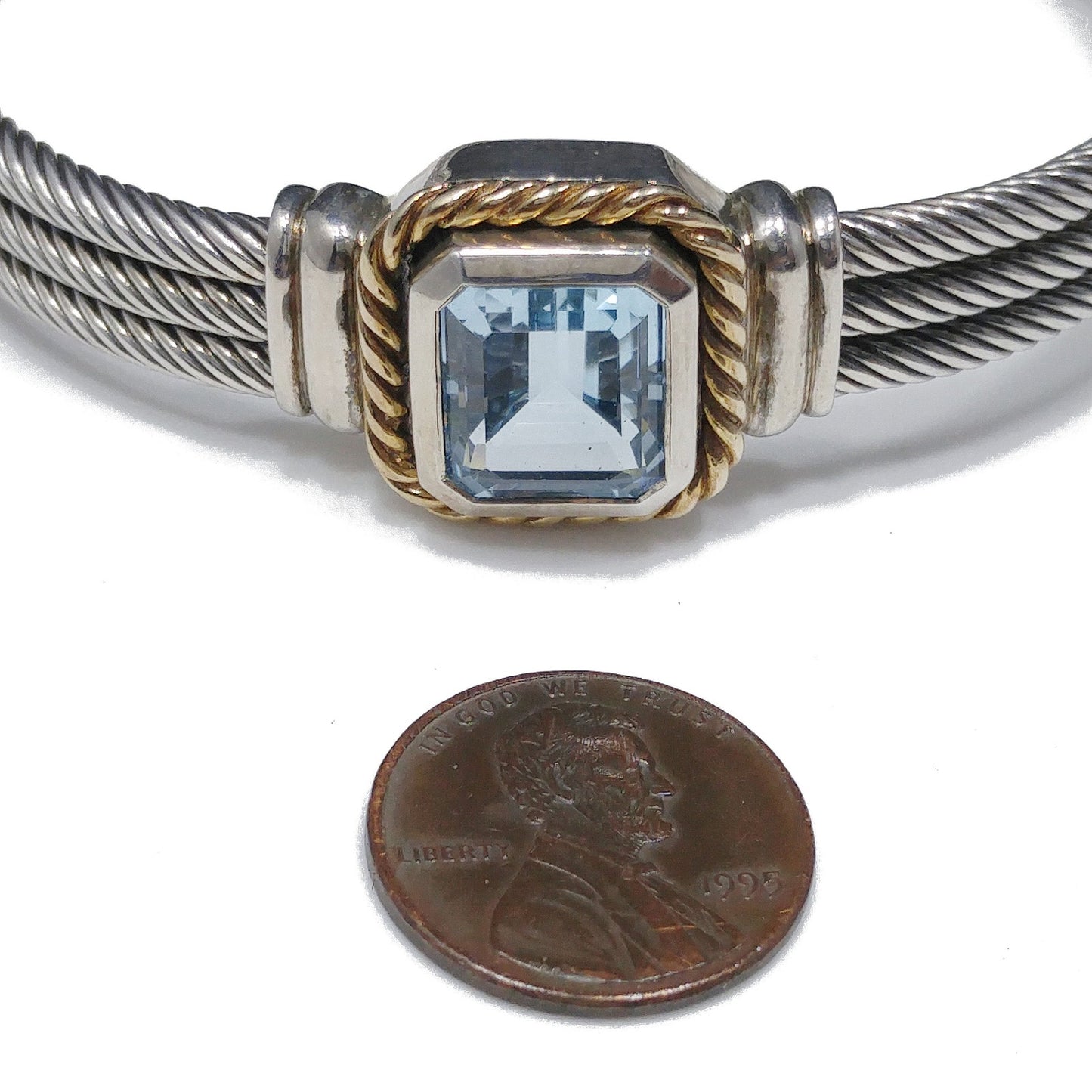 Sterling Silver 14K Gold Blue Topaz Cable Cuff Bracelet CNA Thailand