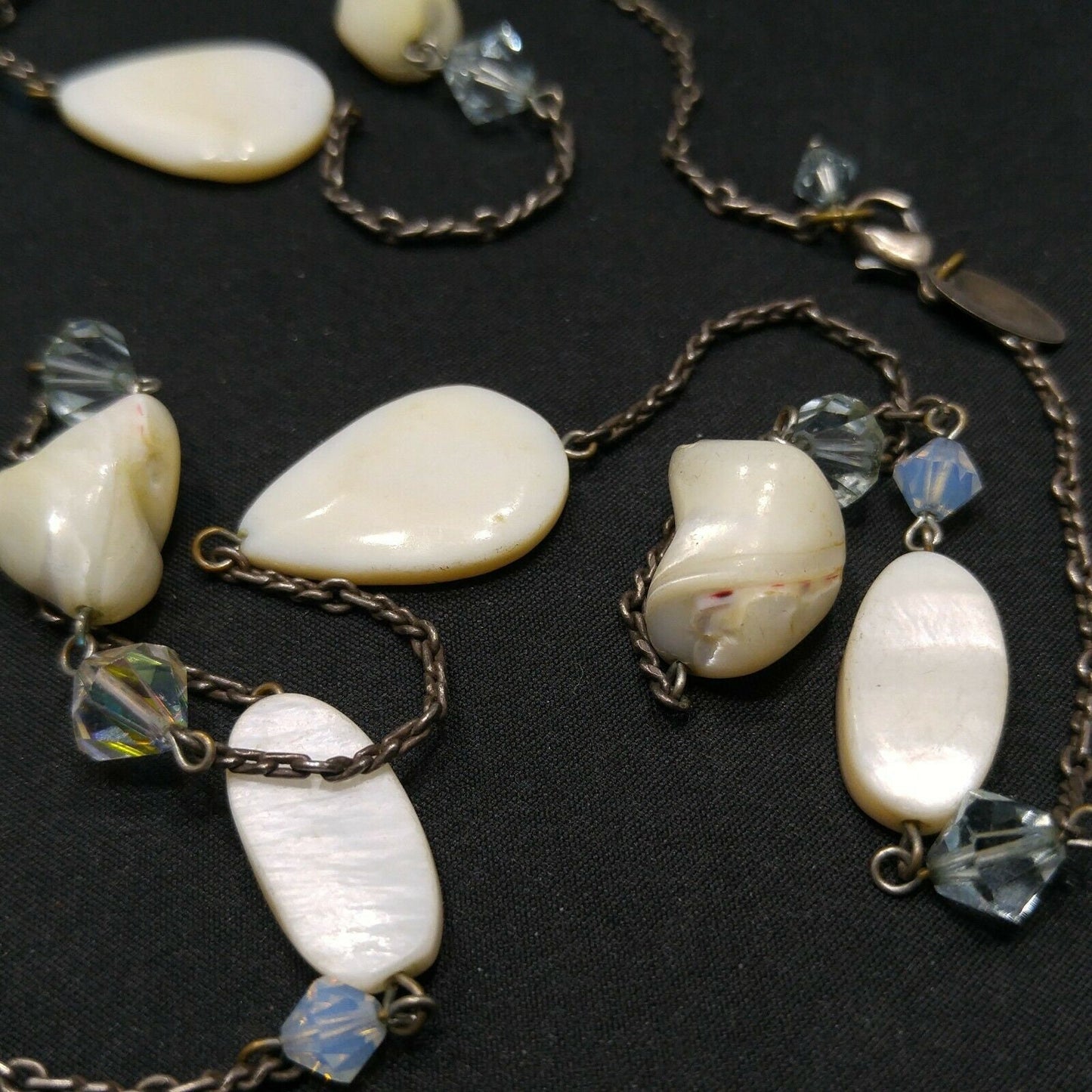 Liz Palacios S.F. White Shell & Crystal Long Necklace, 42 Inch Layering Necklace, Vintage Jewelry