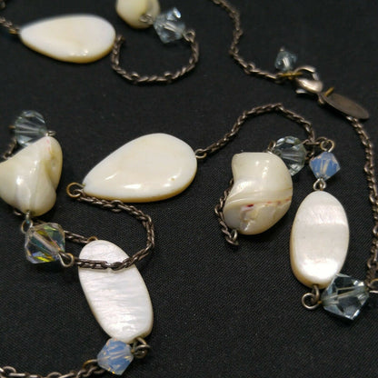 Liz Palacios S.F. White Shell & Crystal Long Necklace, 42 Inch Layering Necklace, Vintage Jewelry