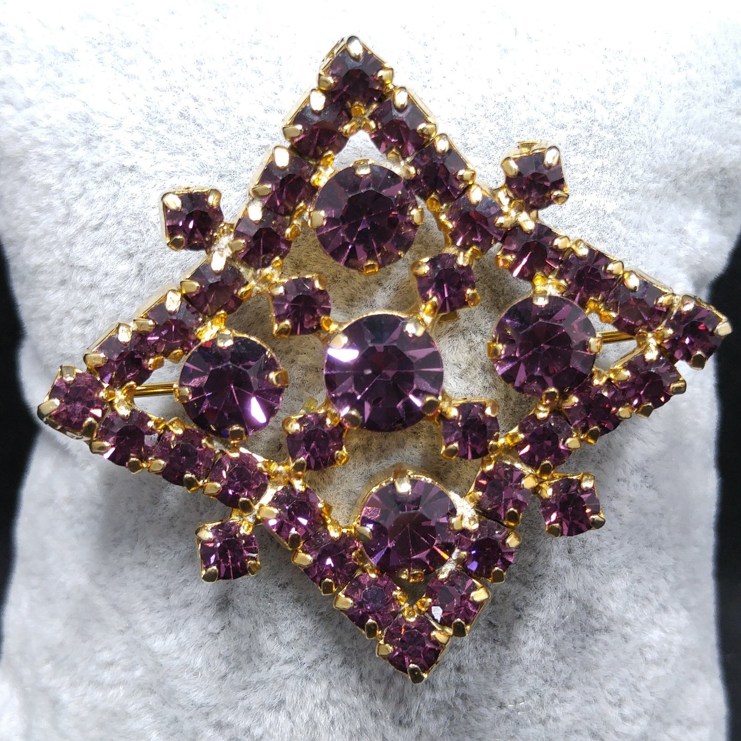 Kramer of New York Purple Rhinestone Brooch, Gold Plated, 1960s Vintage Jewelry