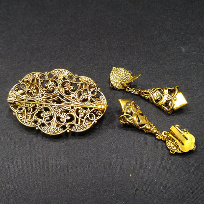 Filigree Topaz Art Glass Brooch & Clip Earrings, Dangle Earrings, 1950s Vintage Jewelry