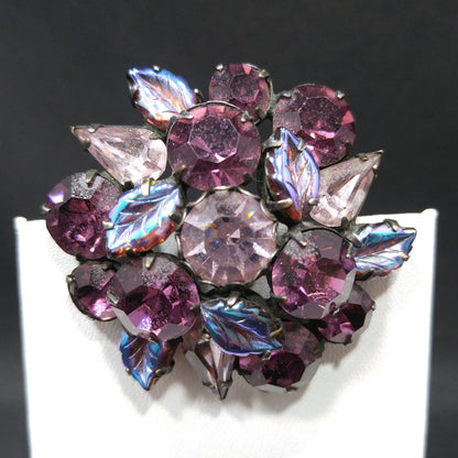 Regency Purple Lavender Floral Brooch, Art Glass Iridescent Leaves, 1950s Vintage Jewelry
