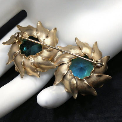 Mid-Century Green Rhinestone Two Flower Brooch, Gold Plated, 1950s Vintage Jewelry