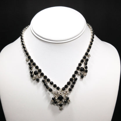 Vintage Black & Clear Rhinestone Festoon Necklace, Rhodium Plating, 1950s