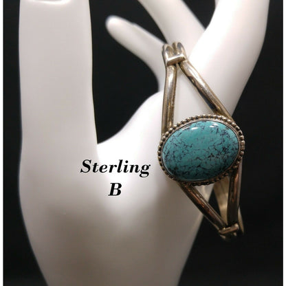 Sterling Silver Turquoise Cuff Bracelet, Signed "STERLING B", 1970s Vintage Jewelry