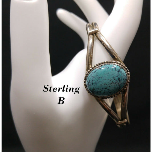 Sterling Silver Turquoise Cuff Bracelet, Signed "STERLING B", 1970s Vintage Jewelry
