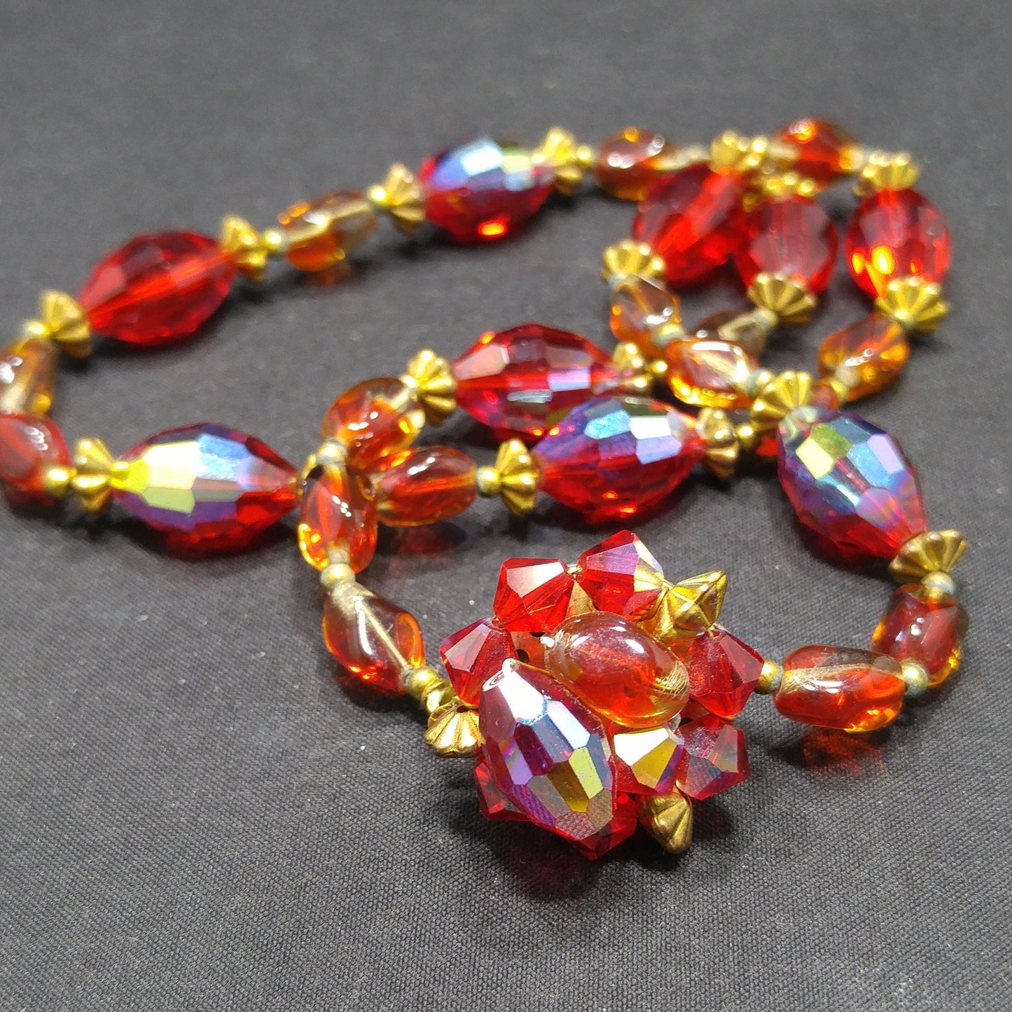 Red Aurora Borealis Beaded Necklace, Beaded Clasp, 1960s Vintage Jewelry