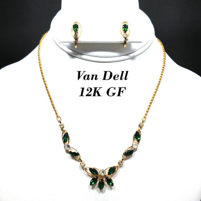 Van Dell Green Clear Rhinestone Necklace Earrings Set, 12K Gold Filled, 1940s Vintage Jewelry