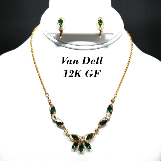 Van Dell Green Clear Rhinestone Necklace Earrings Set, 12K Gold Filled, 1940s Vintage Jewelry