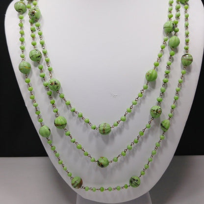 Art Deco 1920s Hand Painted Green Glass Bead Flapper Necklace 70" Wire Wrapped