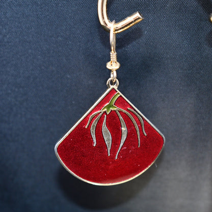 Laurel Burch "Willow Fan" Earrings, Gold Plated, Cloisonne Red Enamel, 1980s