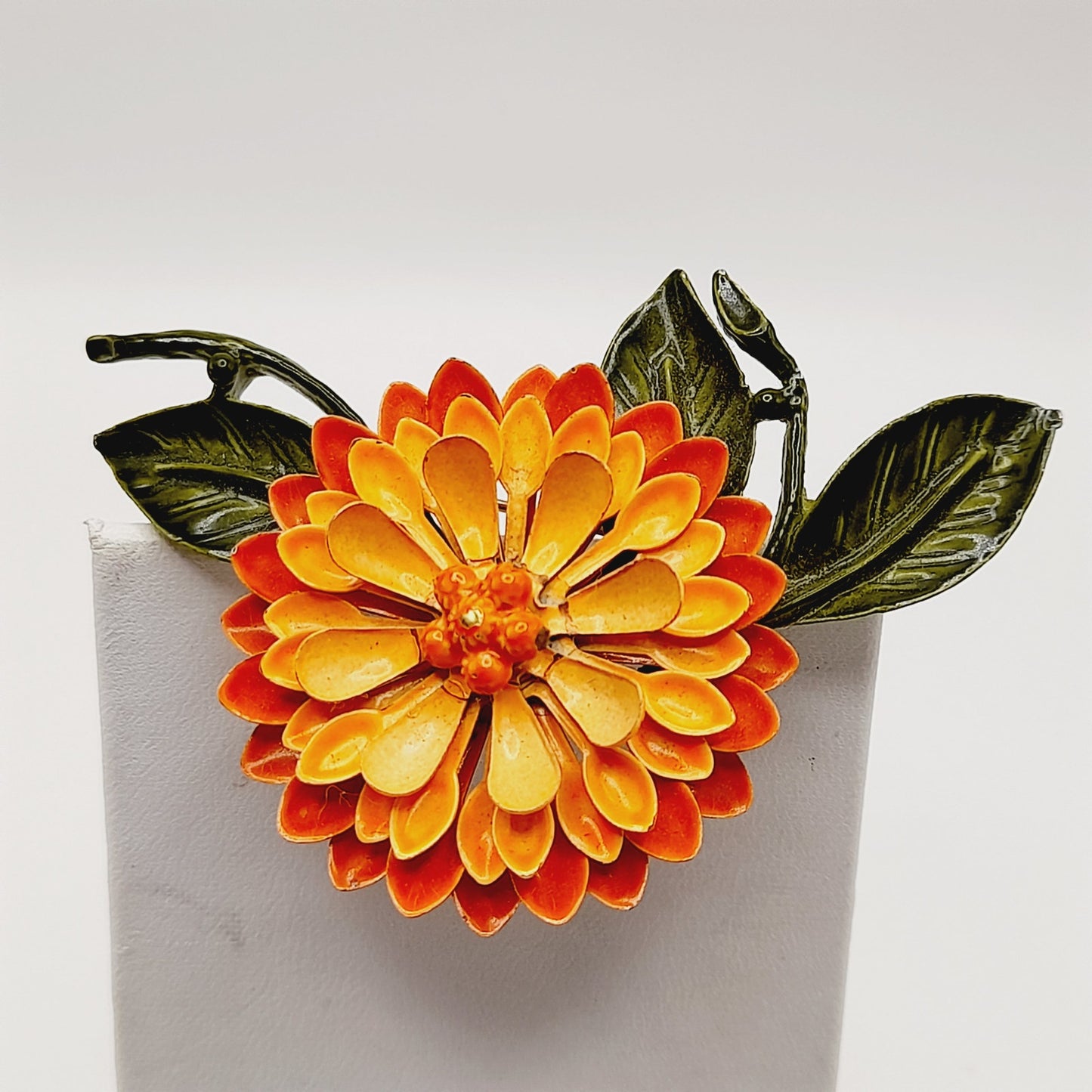 Vintage 1960s Orange Green Enamel Flower Brooch