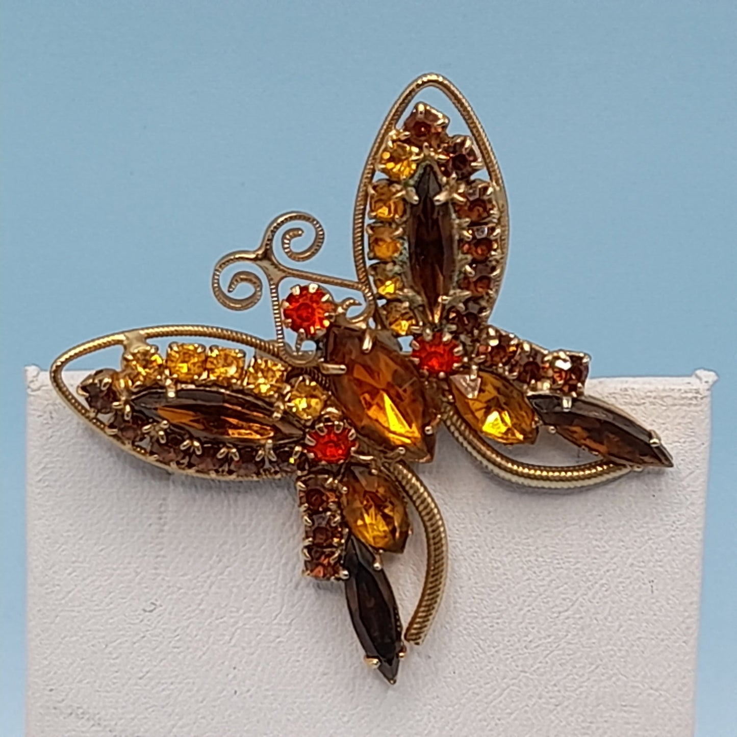 Vintage Butterfly Brooch Topaz Orange Gold Rhinestones