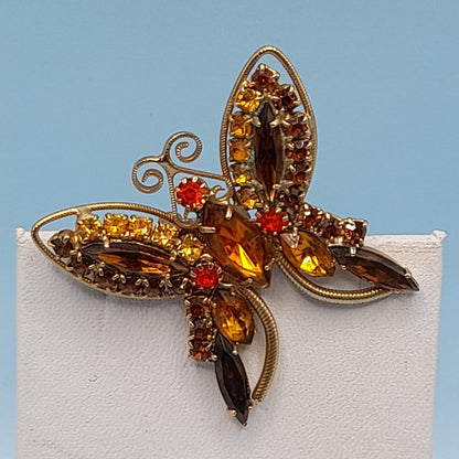 Vintage Butterfly Brooch Topaz Orange Gold Rhinestones
