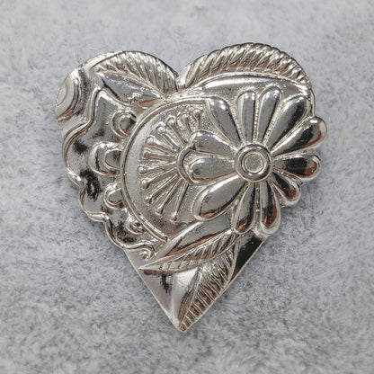 Vintage Laurel Burch 1993 Floral Heart Brooch, Silver Tone