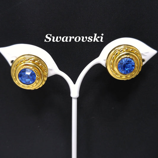 Swarovski Blue Crystal Clip Earrings, Gold Plated Round, 1990s Vintage