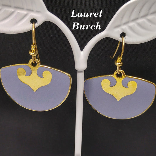 Vintage Laurel Burch Fan Earrings, Gold Plated, Lavender Enamel