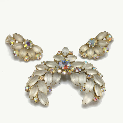 Frosty Rhinestone Brooch & Clip Earrings, Aurora Borealis, Gold Plated, 1960s Vintage Jewelry