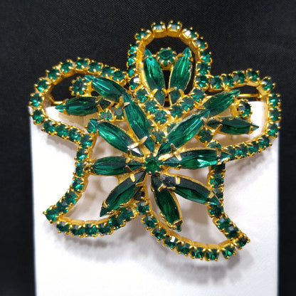 Green Rhinestone Floral Brooch, Gold Plated, 1960s Vintage Jewelry