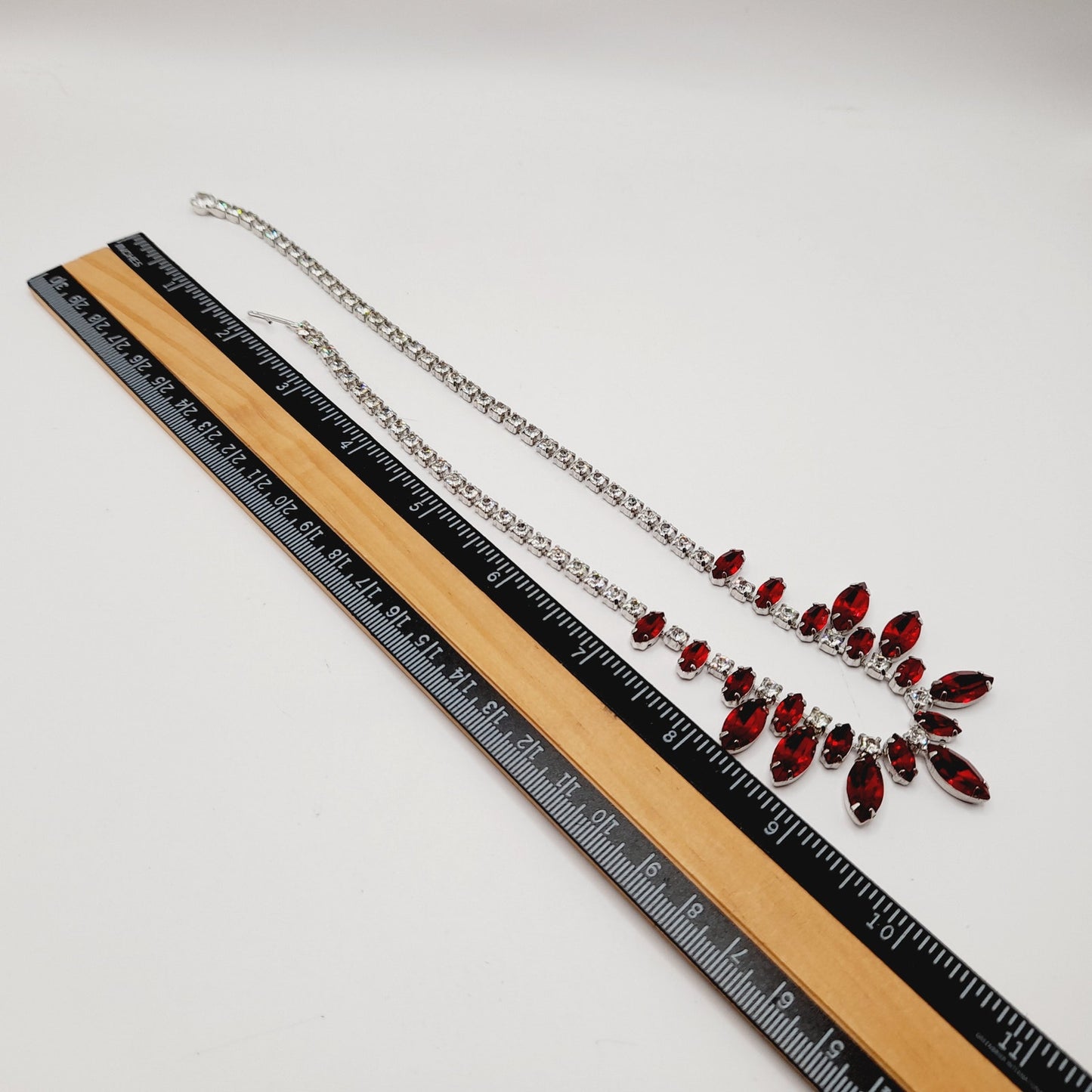 B. David Vintage Red Rhinestone Choker Necklace, Rhodium Plated, 1950s