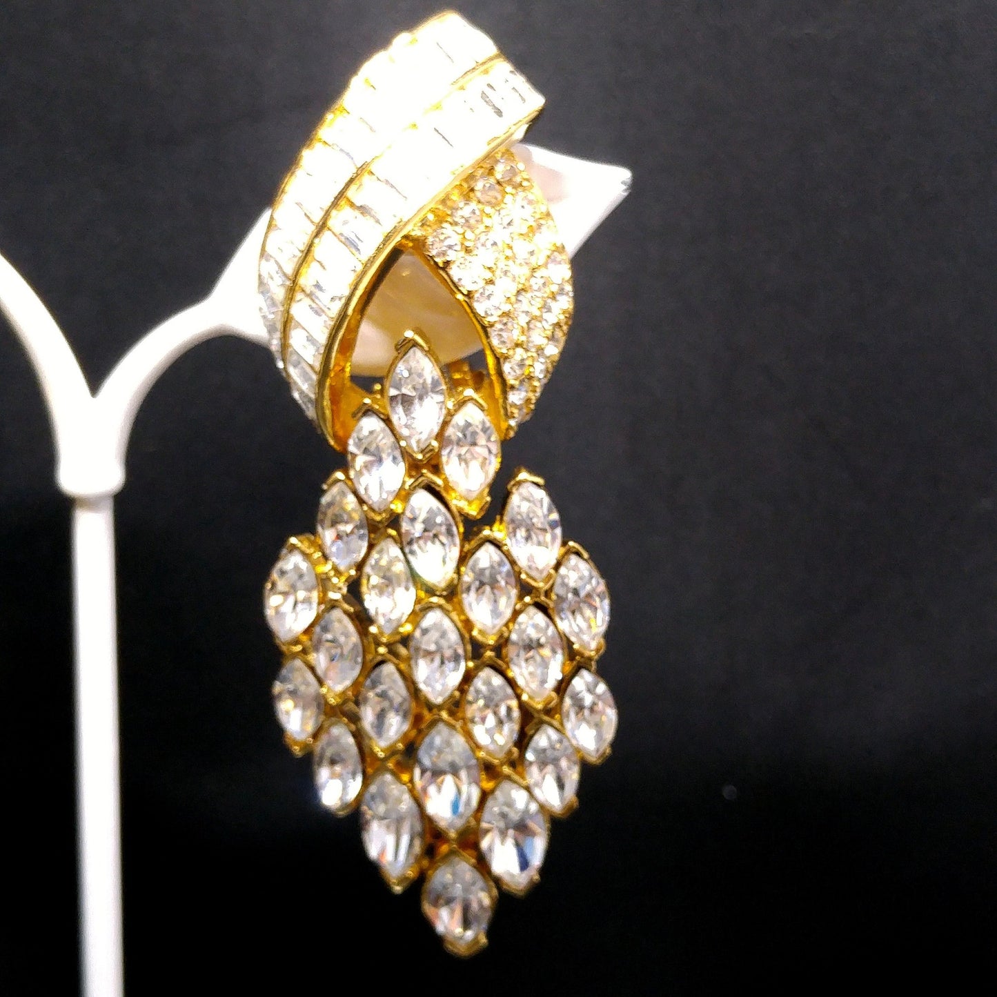 Vintage CINER Runway Clear Rhinestone Long Clip Earrings, Gold Plated