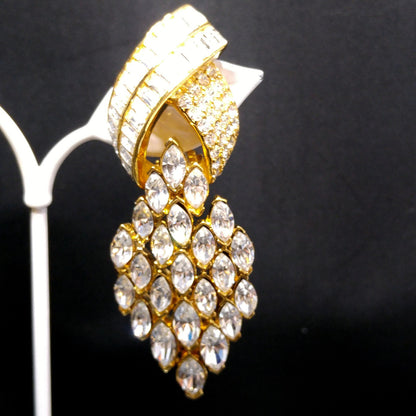 Vintage CINER Runway Clear Rhinestone Long Clip Earrings, Gold Plated