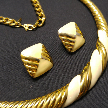 Monet Cream Enamel Necklace Earrings, Gold Plated, 1960s Vintage Jewelry