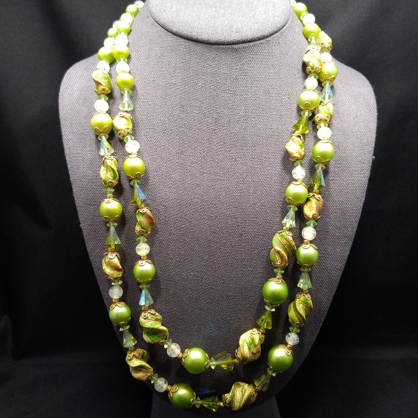 Vendome Green Art Bead Two Strand Necklace with Crystals Vintage 1960s