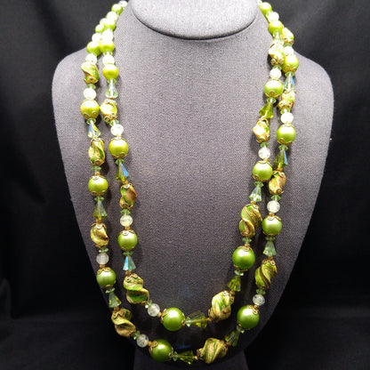 Vendome Green Art Bead Two Strand Necklace with Crystals Vintage 1960s