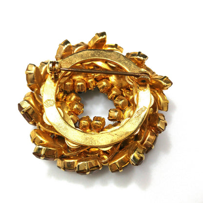 Schoffel Austria Topaz Jonquil Rhinestone Brooch & Earrings, Gold Plated, 1950s Vintage Jewelry