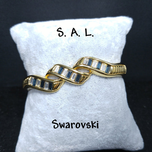 Swarovski Blue Rhinestone Hinged Bracelet, Gold Plated, 1970s Vintage Jewelry