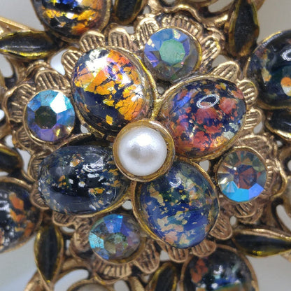 Vintage Maltese Cross Brooch, Foil Cabs, Faux Pearls AB Rhinestones, Vintage Jewelry