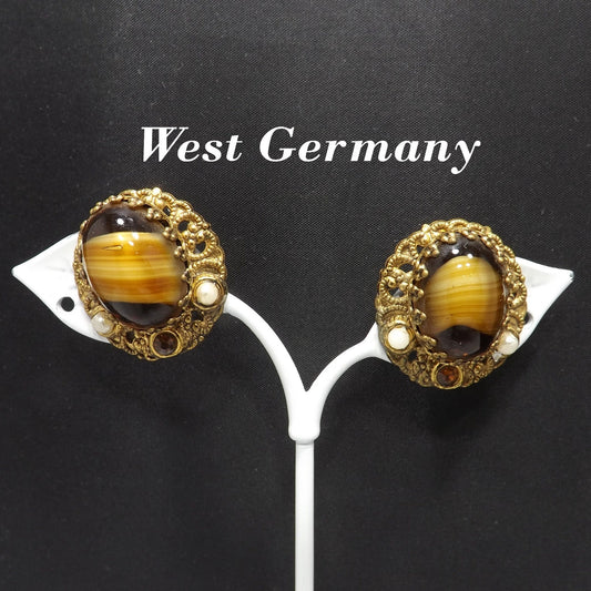 West Germany Art Glass Clip Earrings, Filigree Background, 1950s Vintage Jewelry